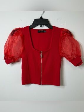 Balboa Red Ribbed Knit Zip Front Organza Puff Sleeve Top M Y2K Coquette